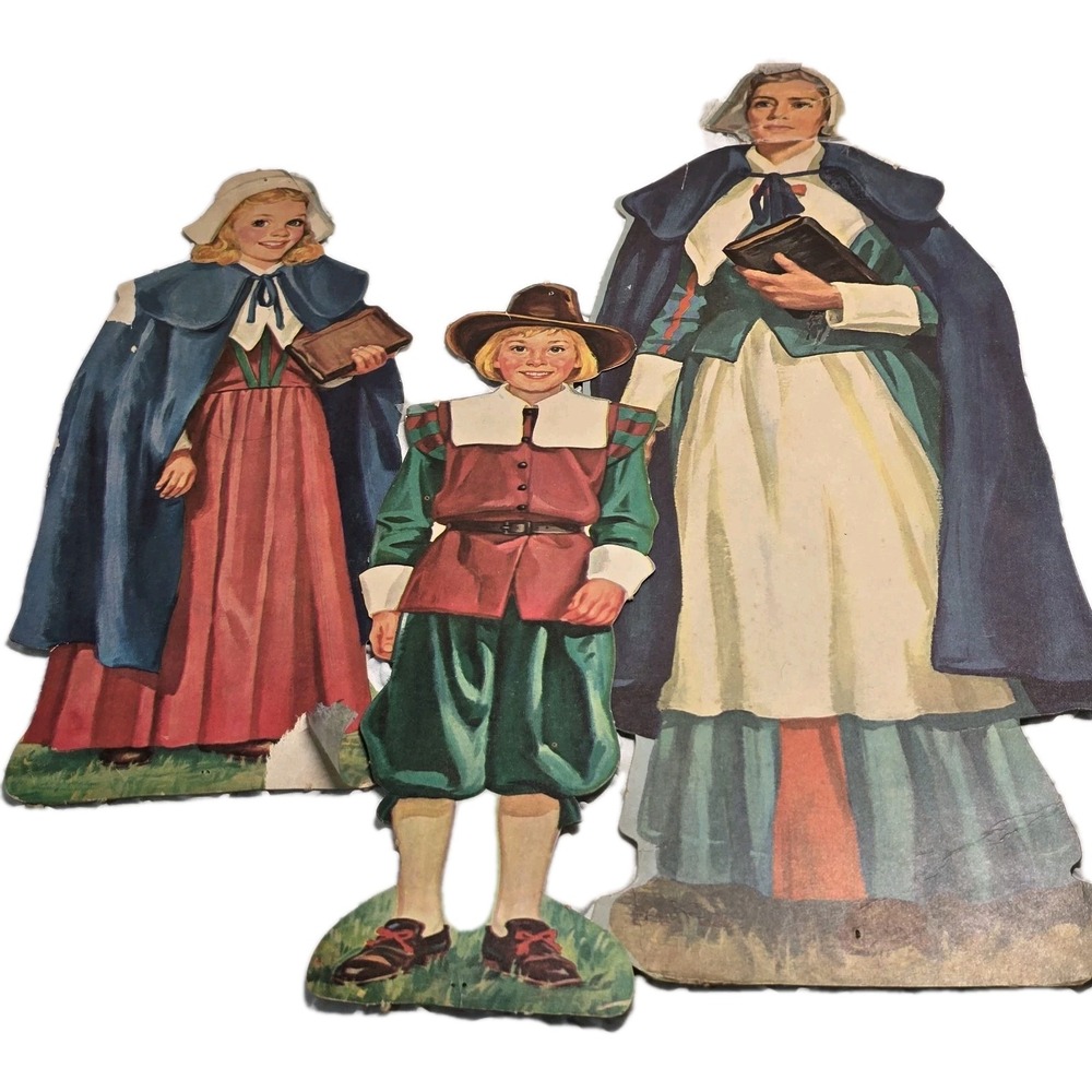 Vintage Dennison Thanksgiving Pilgrim  Women & Children Cardboard Die‎ Cuts